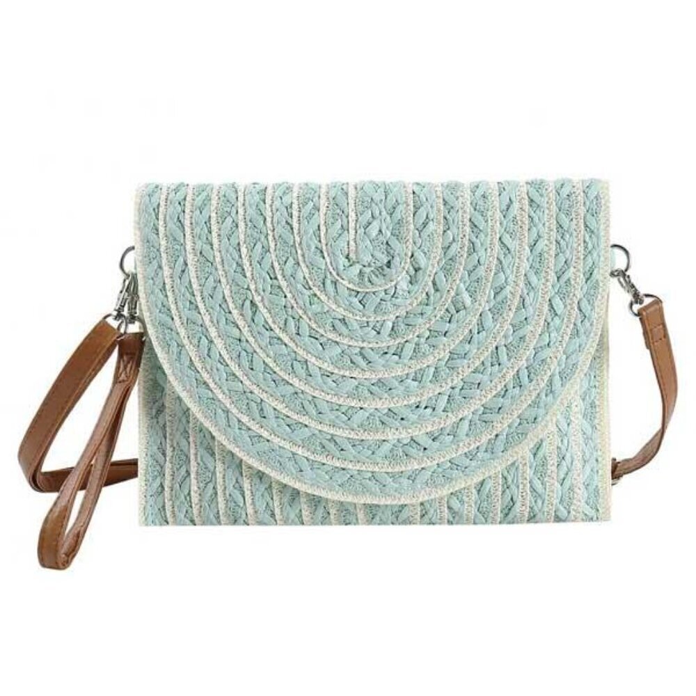Natural Summer Straw Clutch Crossbody Bag in Mint Green